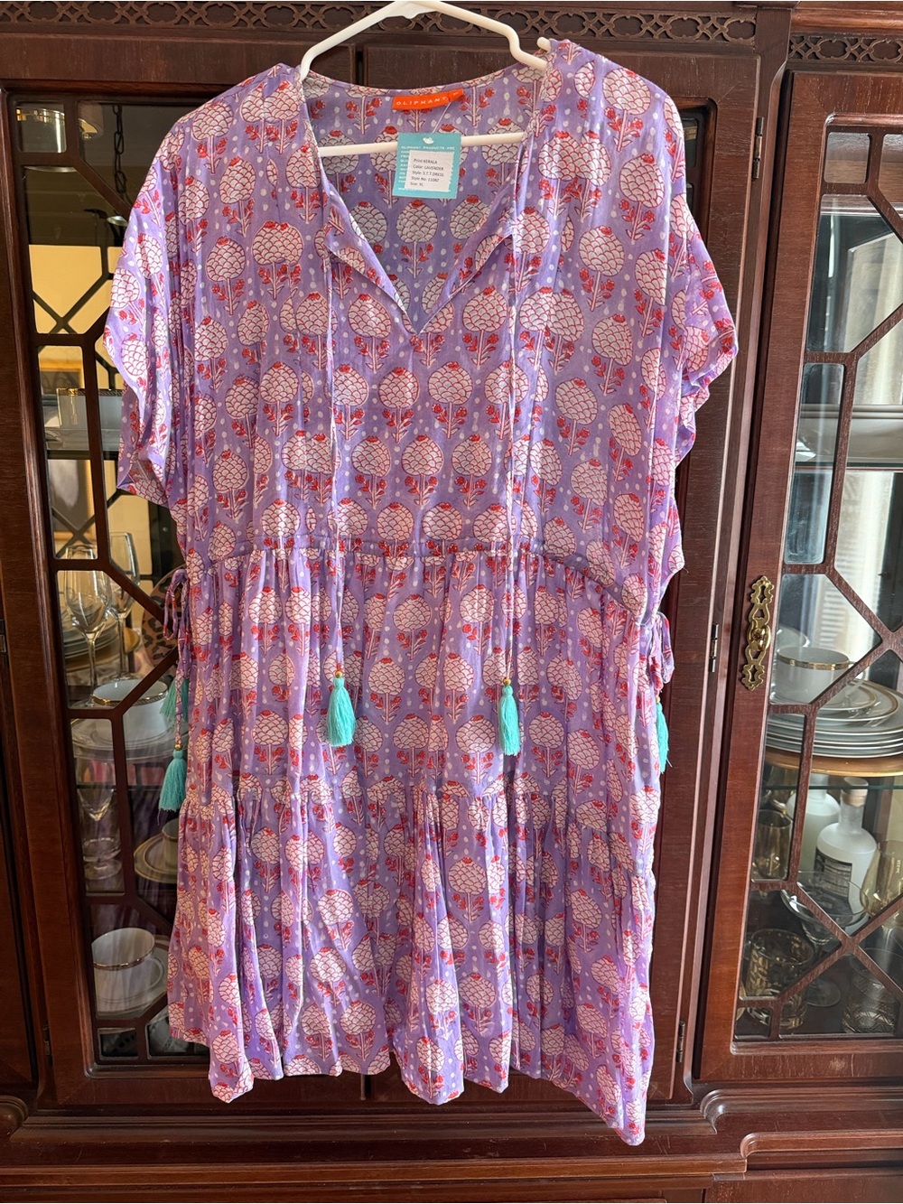 Oliphant Lavender Printed Tiered Dress with Teal Tassels